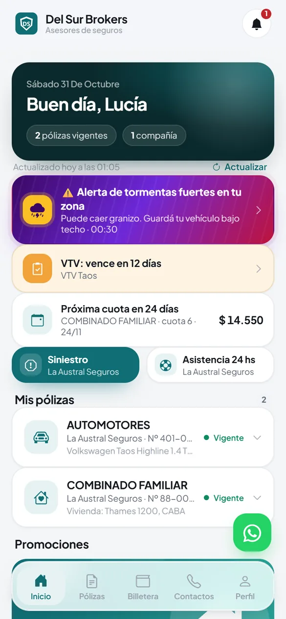 Inicio de la app: alerta de granizo, próxima cuota y accesos a siniestro y asistencia